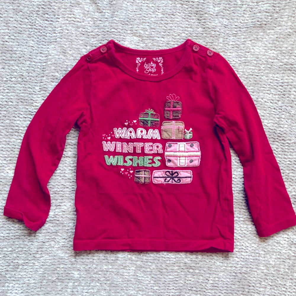 Baby Gap Warm Winter Wishes Christmas Shirt Red Graphic 2T